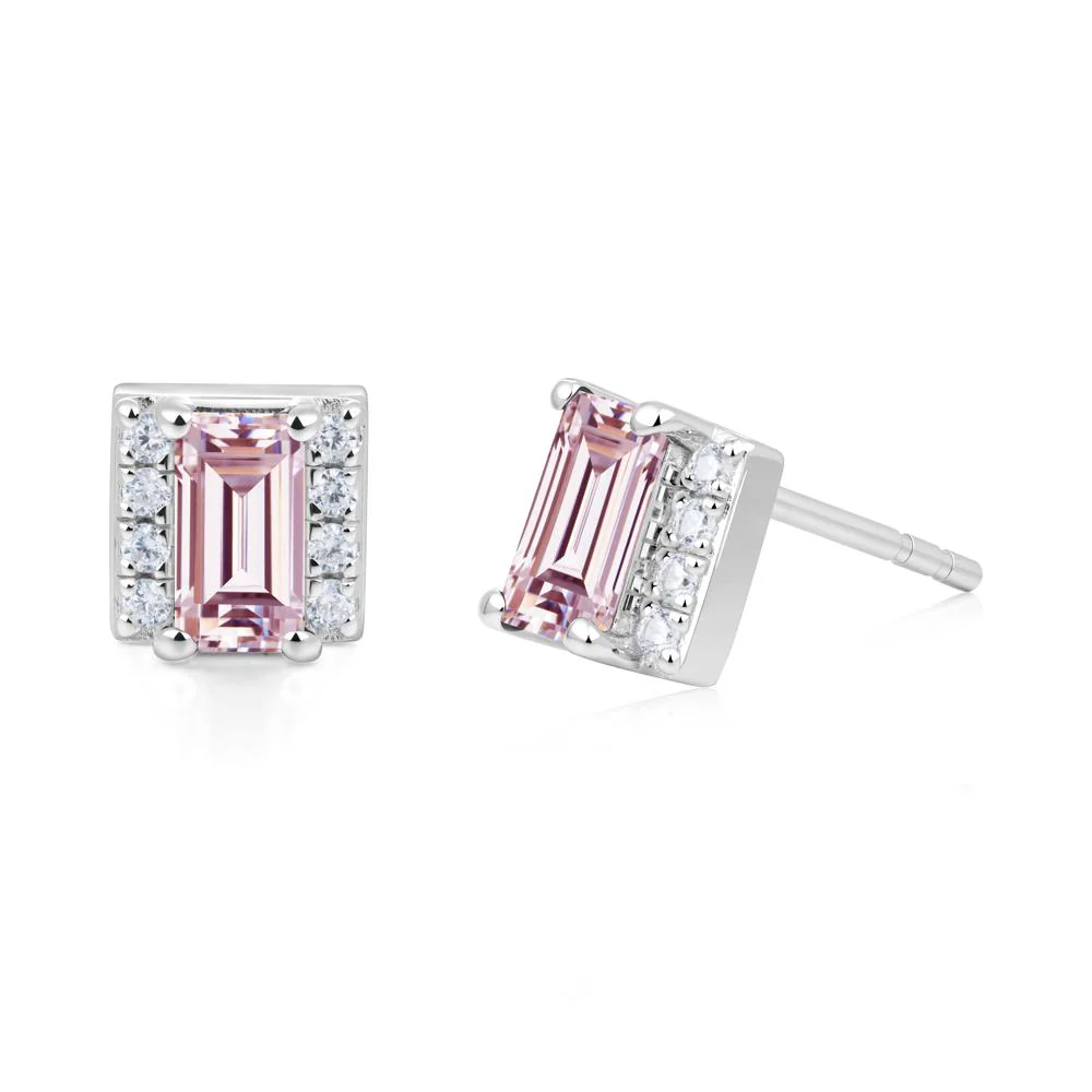 Baguette Pink Cubic Zirconia Stud Eaarings with Pave Side Accents - Image 7