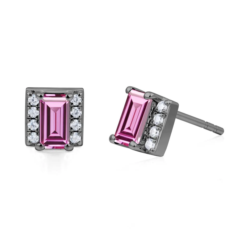 Baguette  Pink Sapphire Halo Stud Earrings - Image 3