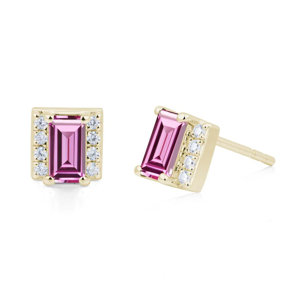 Baguette  Pink Sapphire Halo Stud Earrings - Image 7
