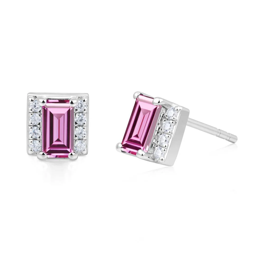 Baguette  Pink Sapphire Halo Stud Earrings - Image 9