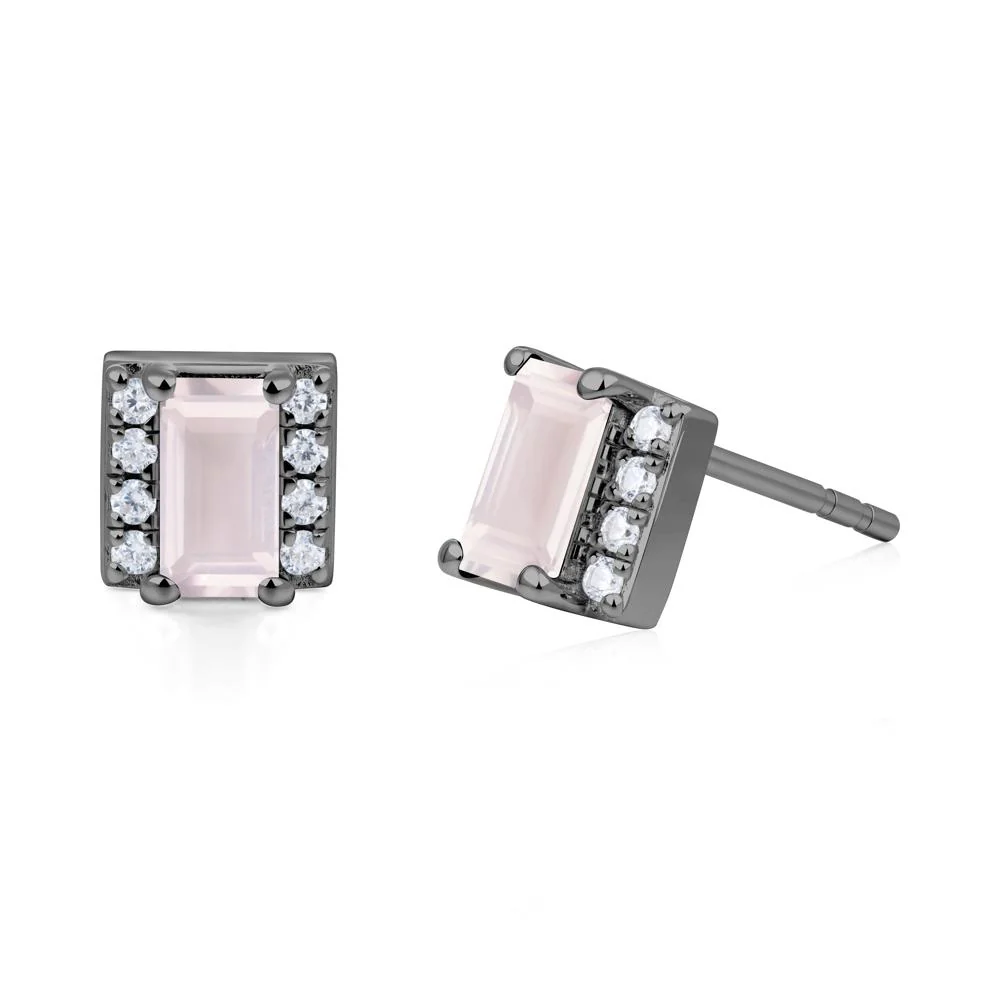Baguette Rose Quartz Stud Eaarings with Pave Side Accents - Image 2