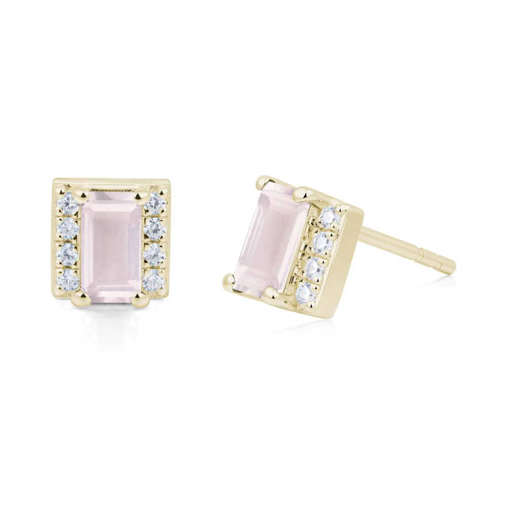 Baguette Rose Quartz Stud Eaarings with Pave Side Accents - Image 3