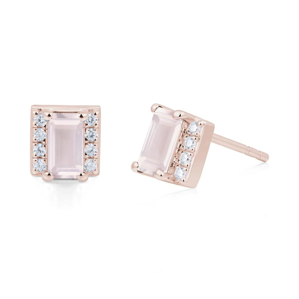 Baguette Rose Quartz Stud Eaarings with Pave Side Accents - Image 4