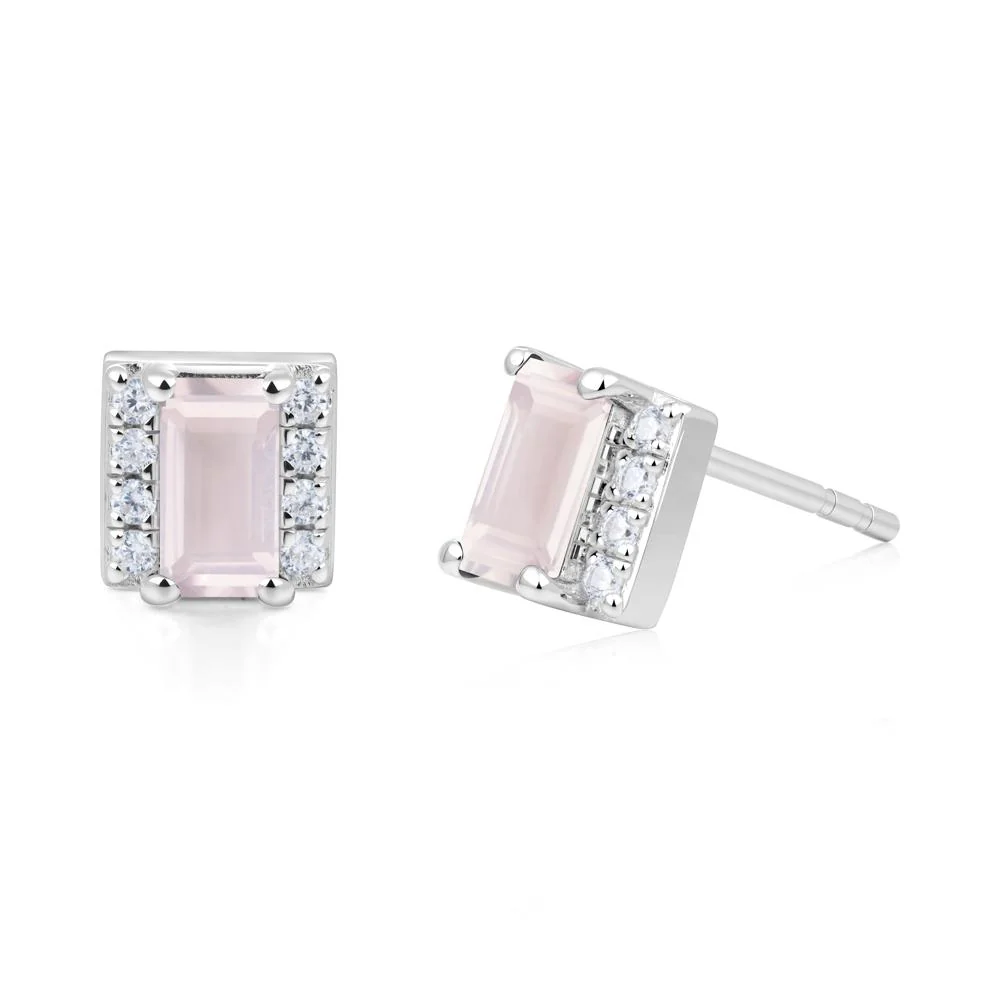Baguette Rose Quartz Stud Eaarings with Pave Side Accents - Image 6