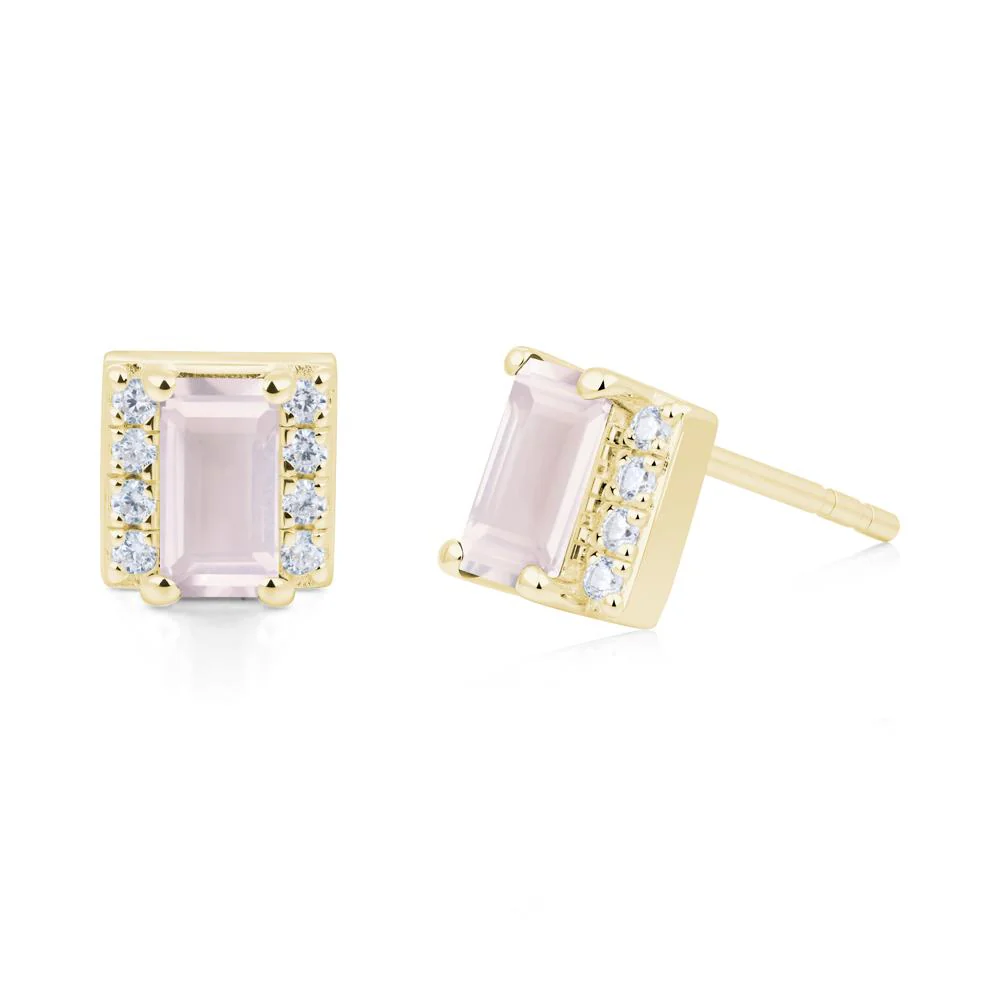 Baguette Rose Quartz Stud Eaarings with Pave Side Accents - Image 8