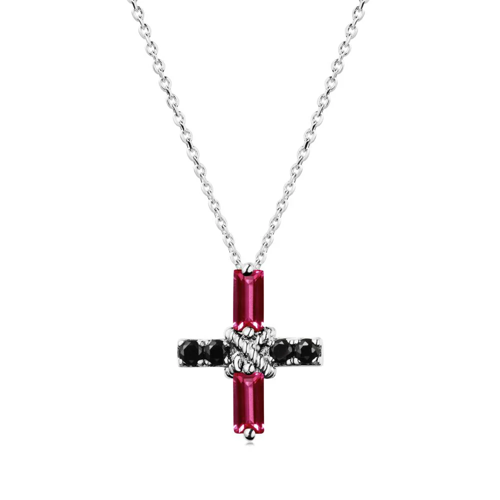 Baguette Ruby and Black Spinel Green Cross Necklace