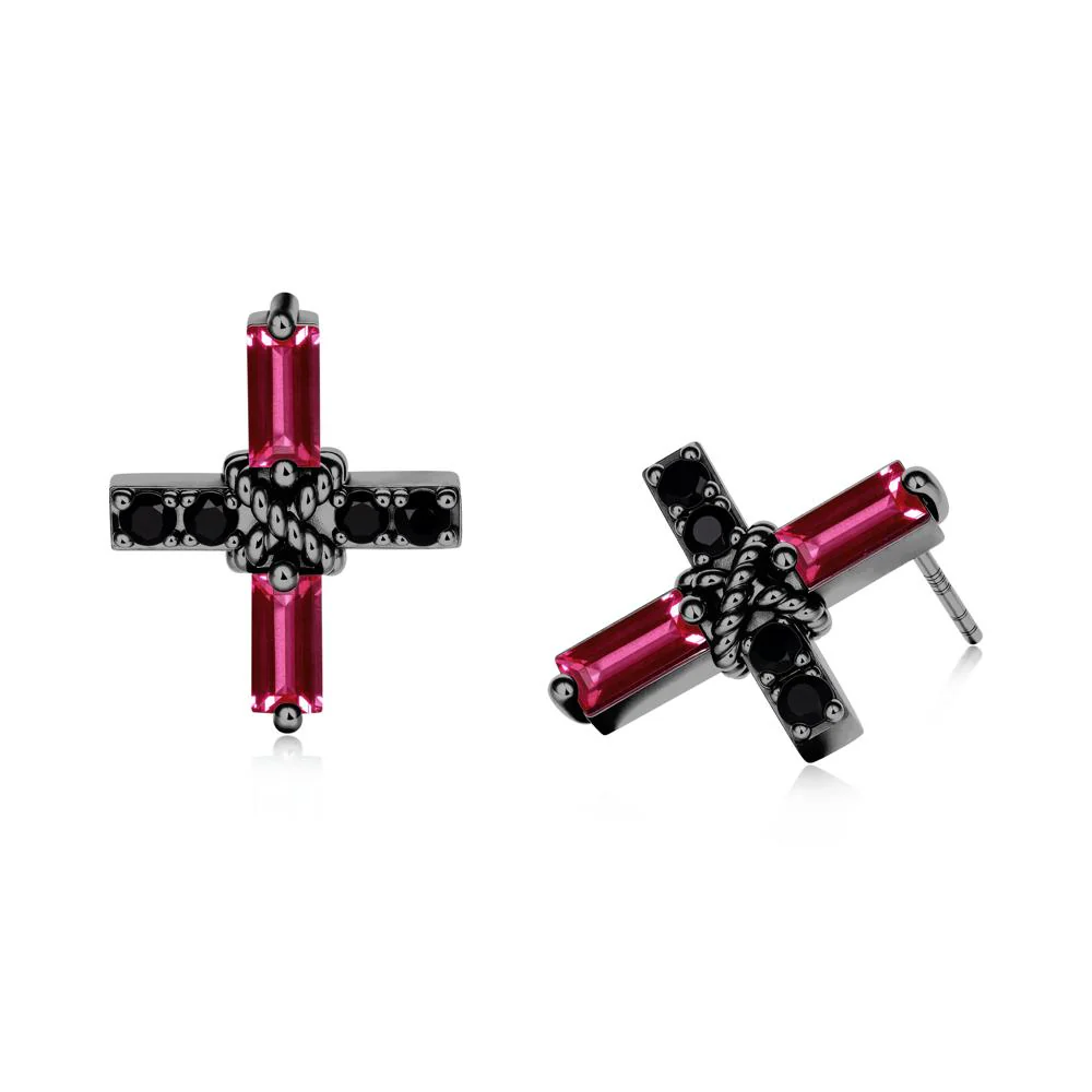 Baguette Ruby and Black Spinel Green Cross Stud Earrings - Image 6