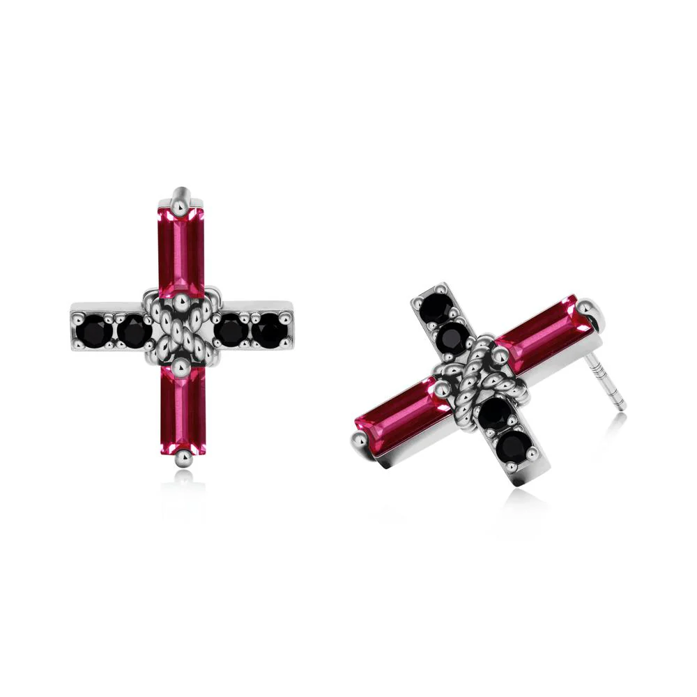 Baguette Ruby and Black Spinel Green Cross Stud Earrings - Image 7