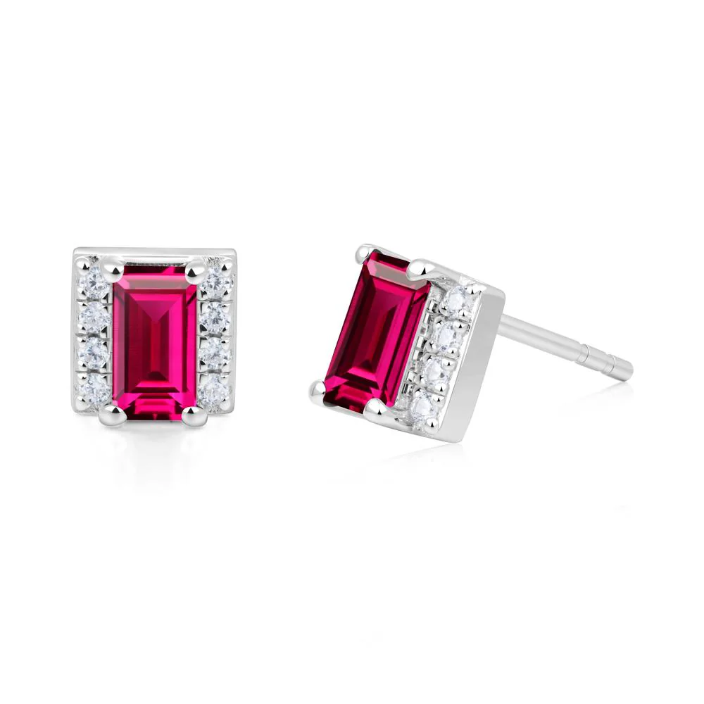 Baguette Ruby Halo Stud Earrings - Image 3