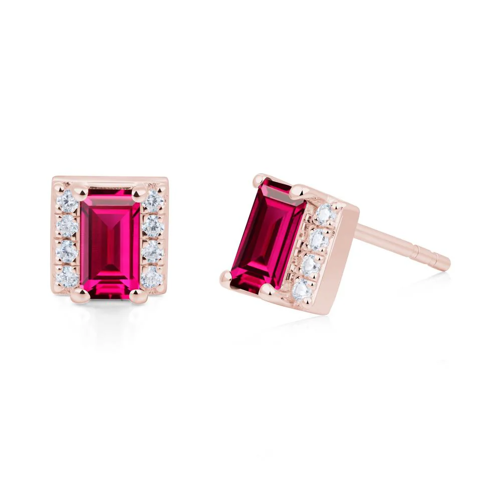 Baguette Ruby Halo Stud Earrings - Image 4