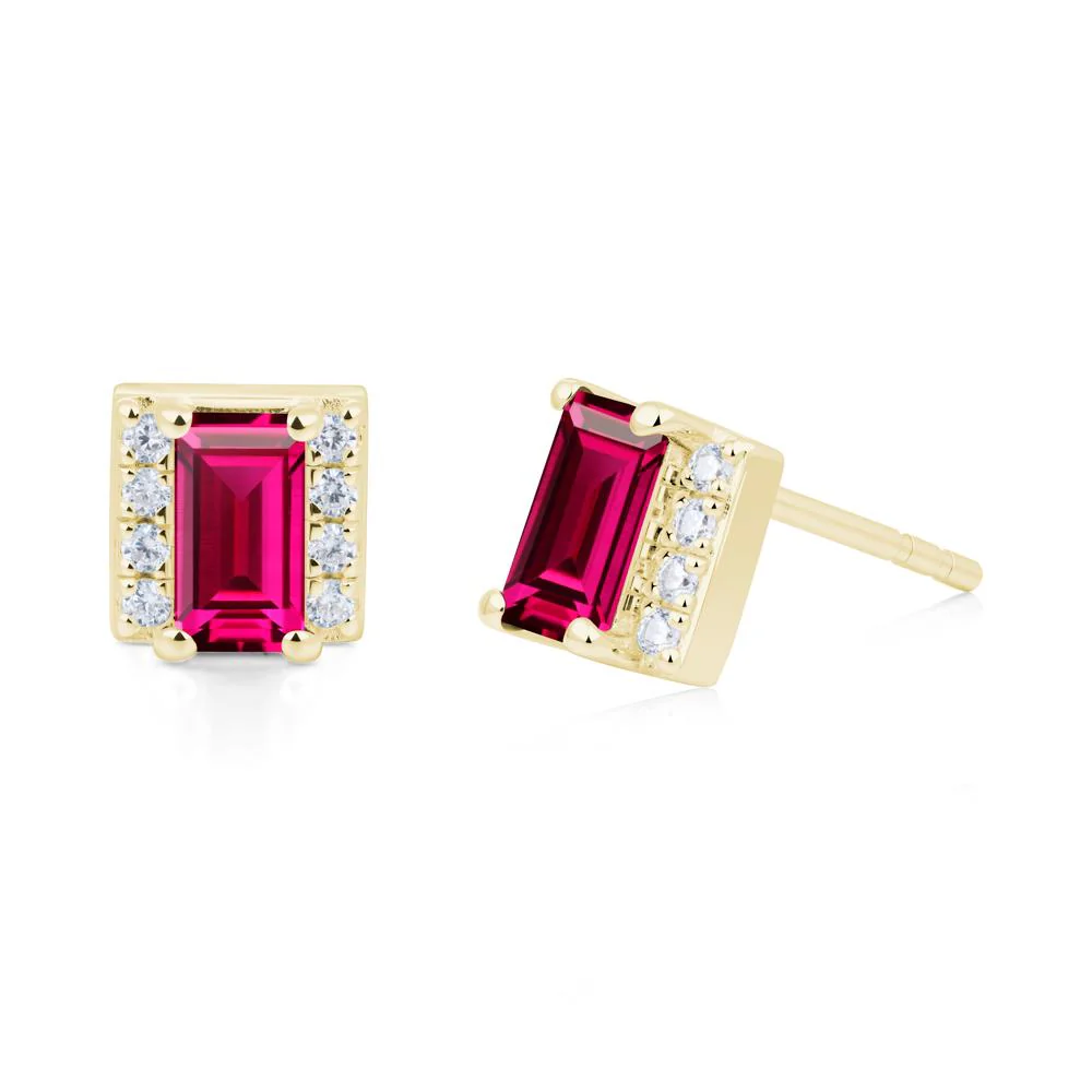 Baguette Ruby Halo Stud Earrings - Image 7