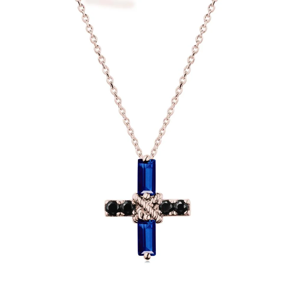 Baguette Sapphire and Black Spinel Green Cross Necklace - Image 2