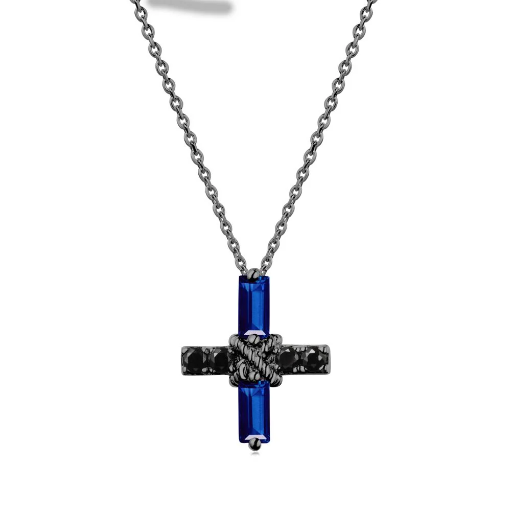 Baguette Sapphire and Black Spinel Green Cross Necklace - Image 7