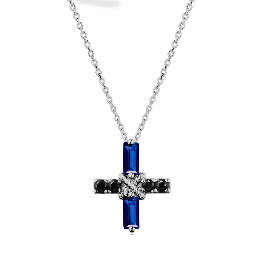 Baguette Sapphire and Black Spinel Green Cross Necklace - Image 8