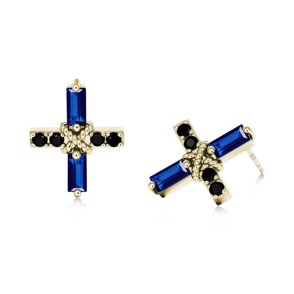 Baguette Sapphire and Black Spinel Green Cross Stud Earrings