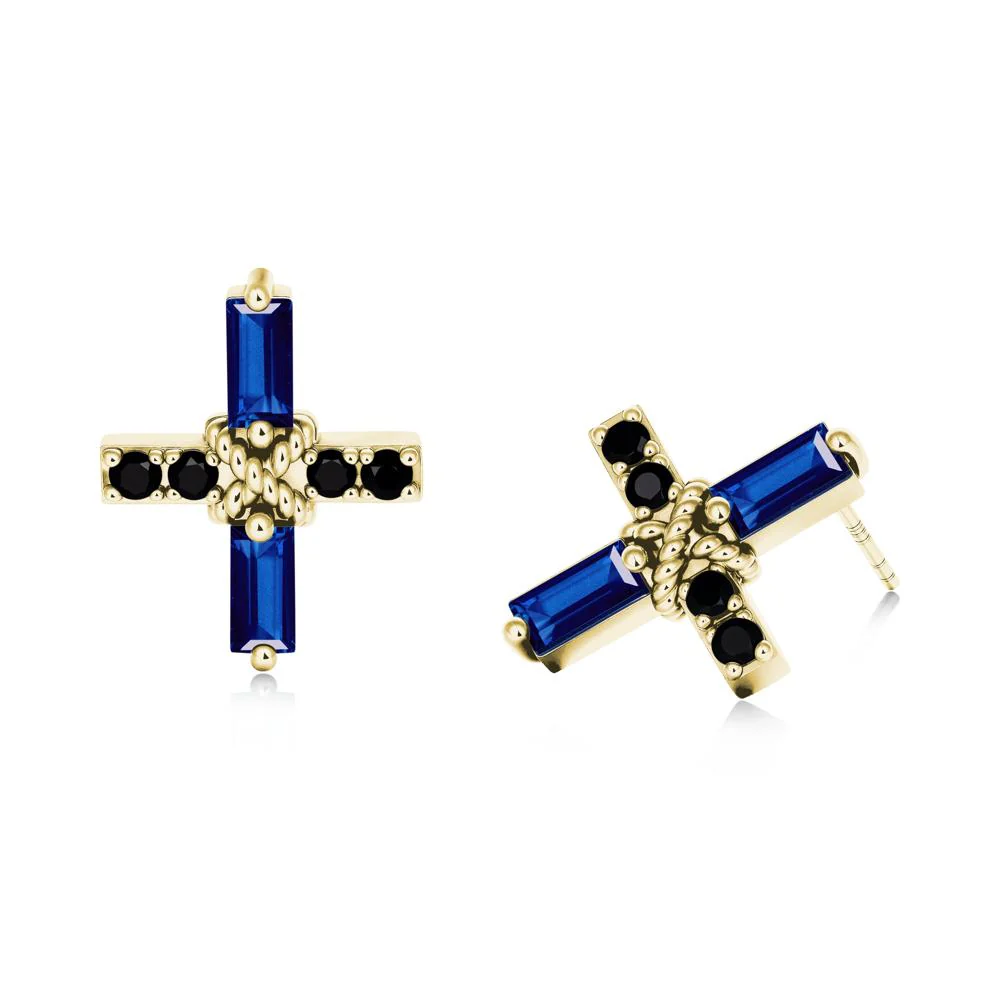 Baguette Sapphire and Black Spinel Green Cross Stud Earrings - Image 4