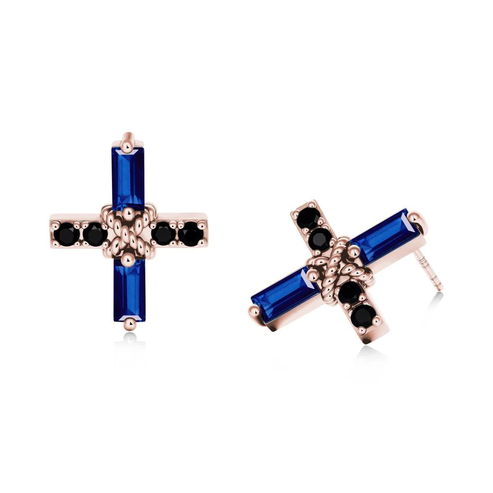 Baguette Sapphire and Black Spinel Green Cross Stud Earrings - Image 5