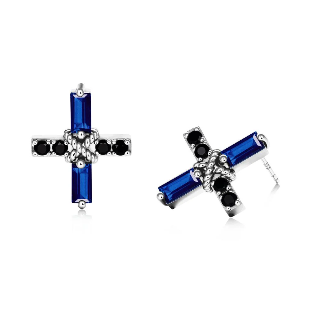 Baguette Sapphire and Black Spinel Green Cross Stud Earrings - Image 7