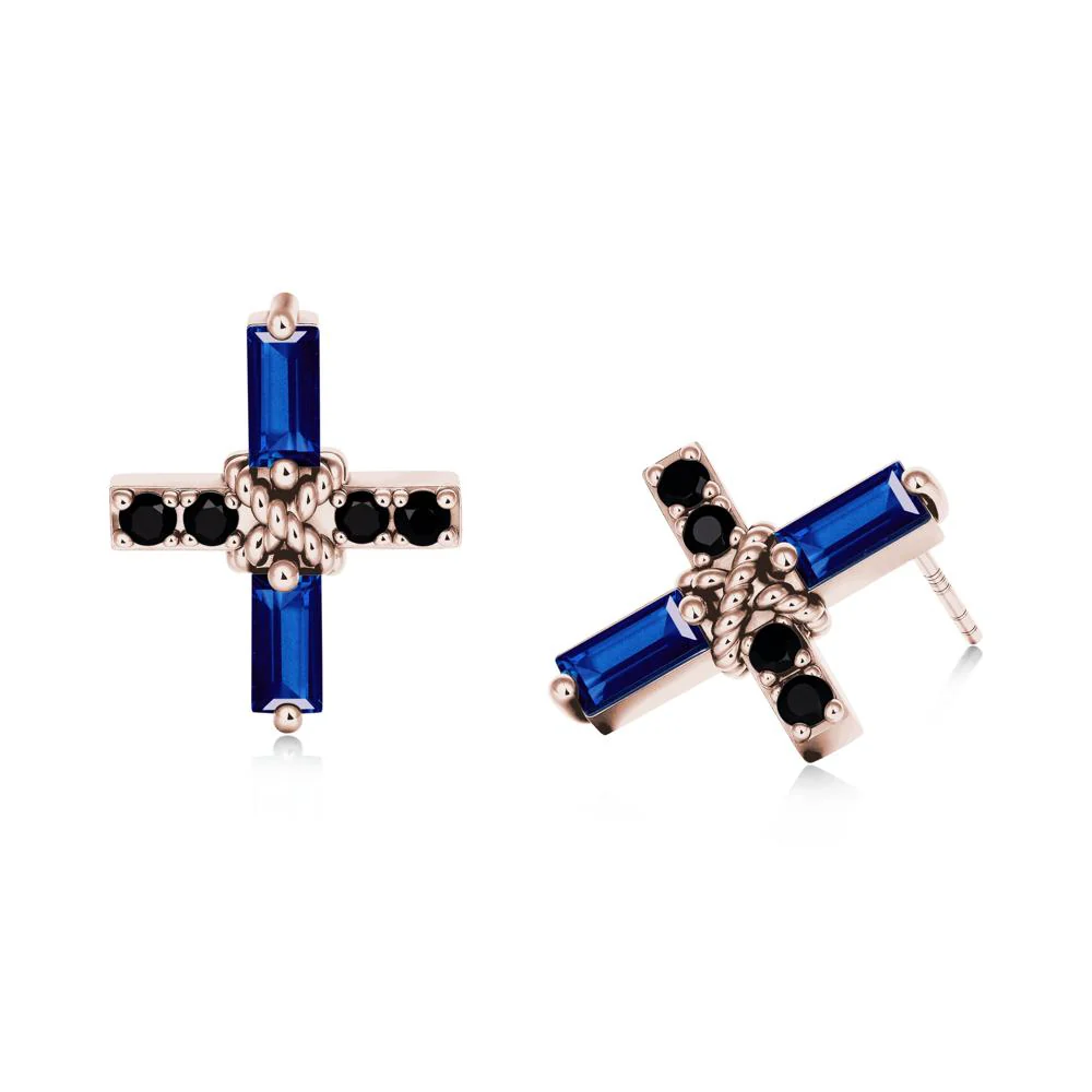 Baguette Sapphire and Black Spinel Green Cross Stud Earrings - Image 8