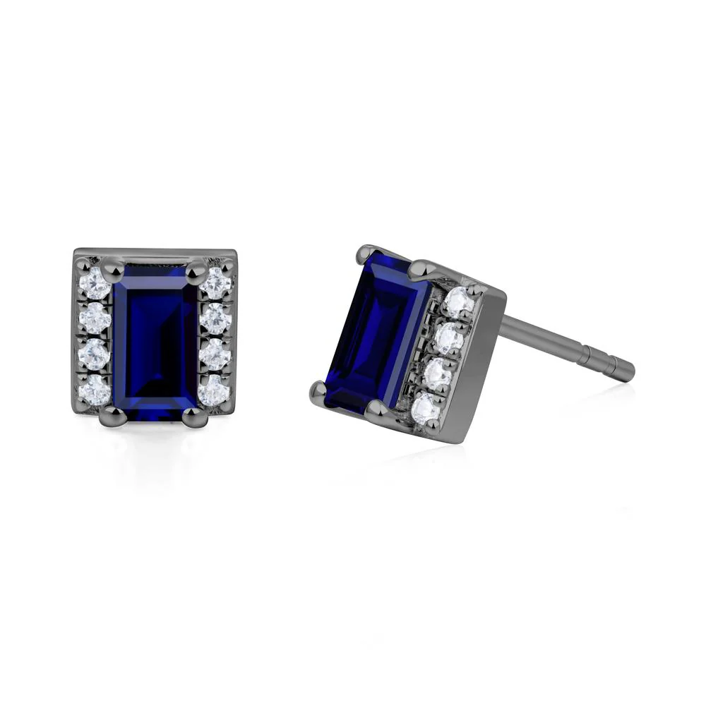 Baguette Sapphire Stud Eaarings with Pave Side Accents