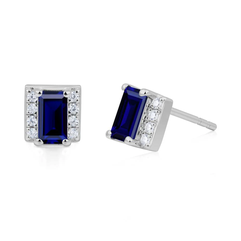 Baguette Sapphire Stud Eaarings with Pave Side Accents - Image 3