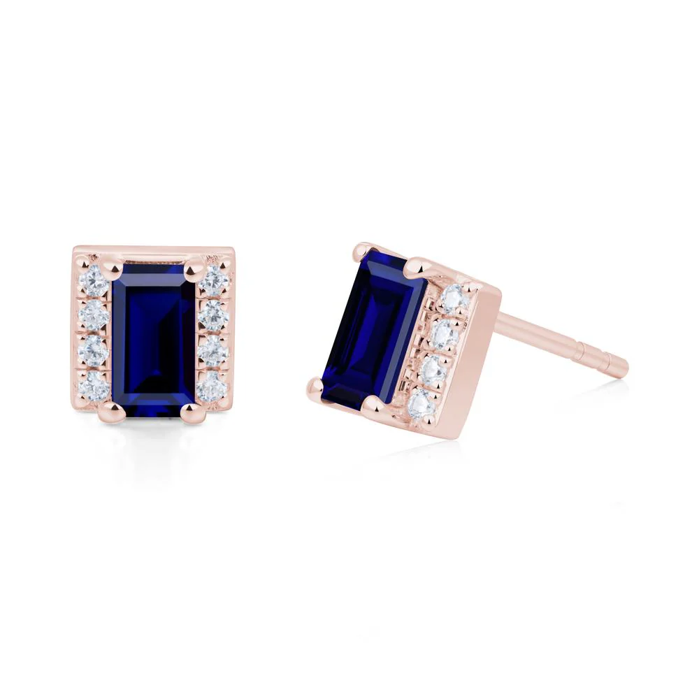 Baguette Sapphire Stud Eaarings with Pave Side Accents - Image 4