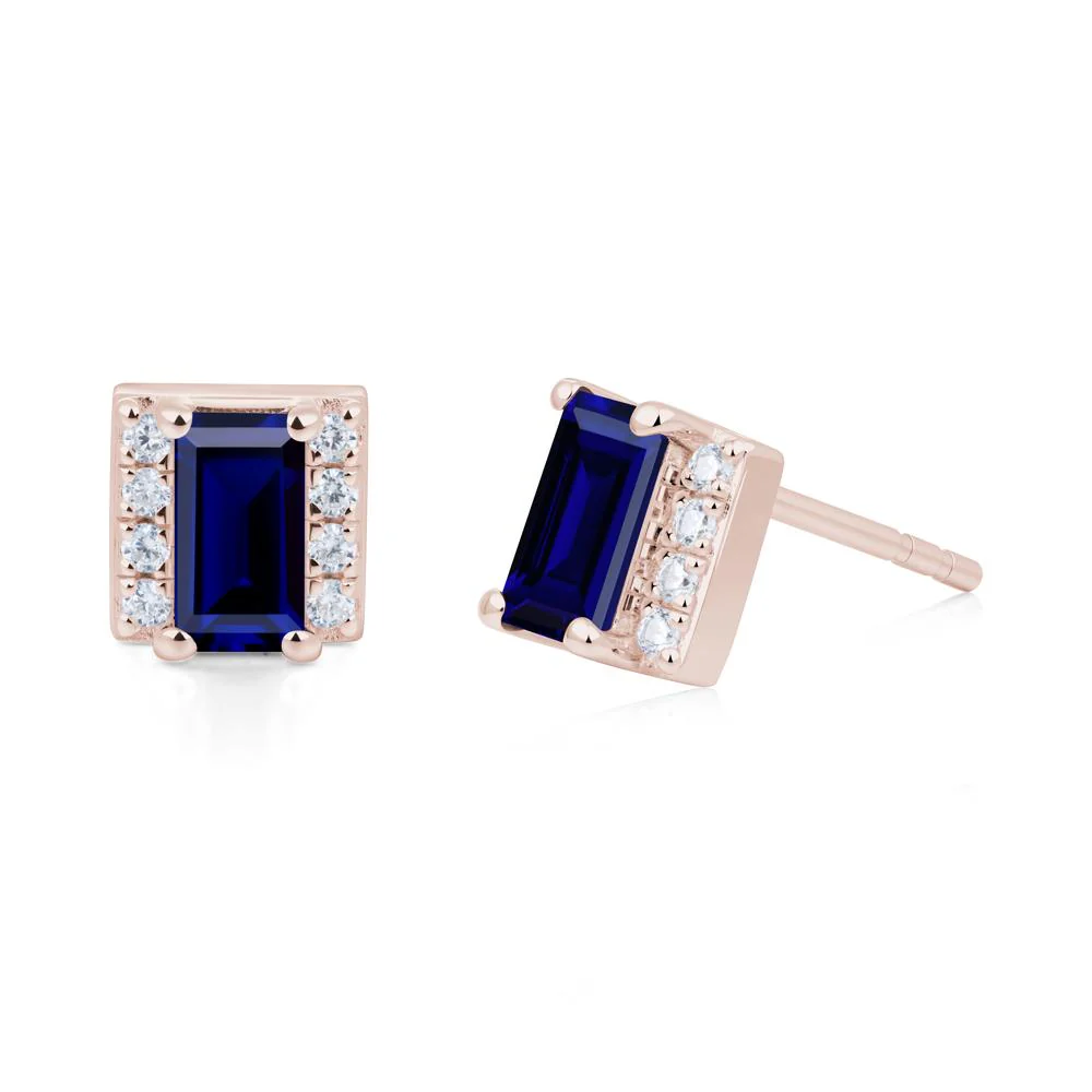 Baguette Sapphire Stud Eaarings with Pave Side Accents - Image 6