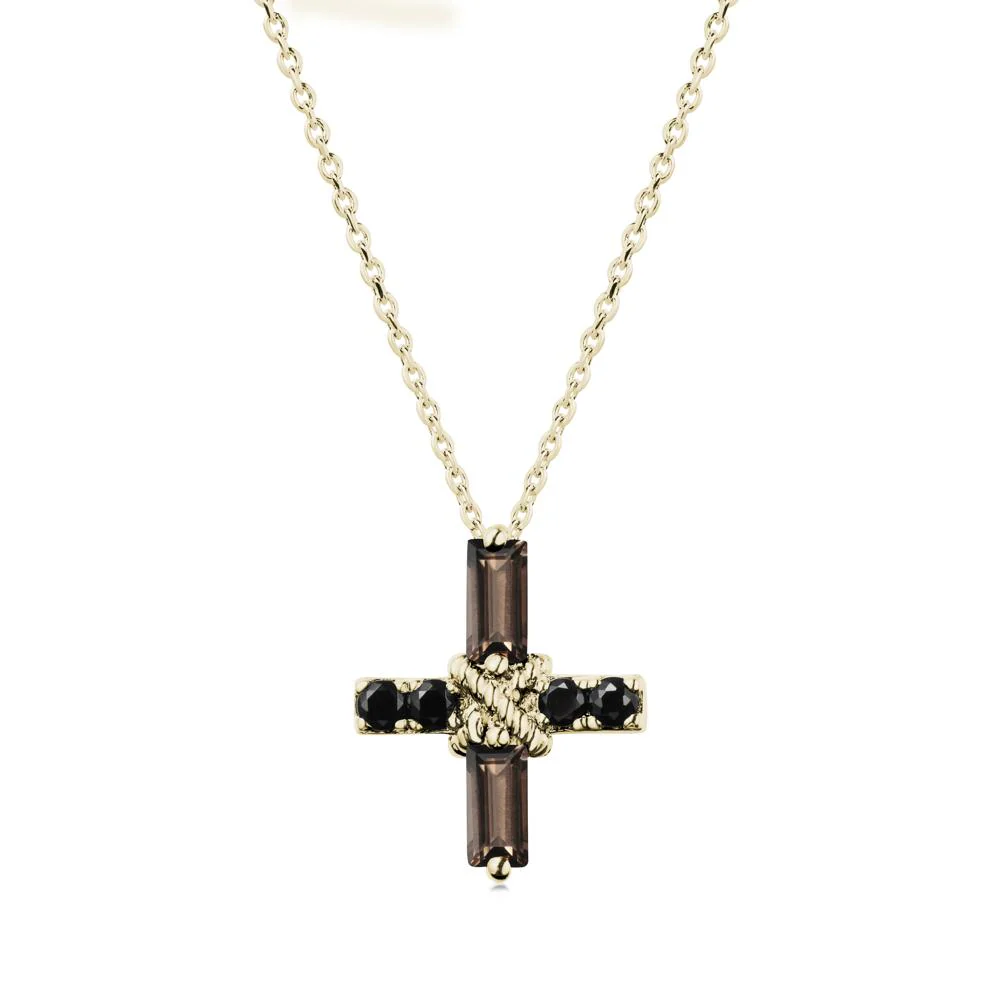 Baguette Smoky Quartz and Black Spinel Green Cross Necklace