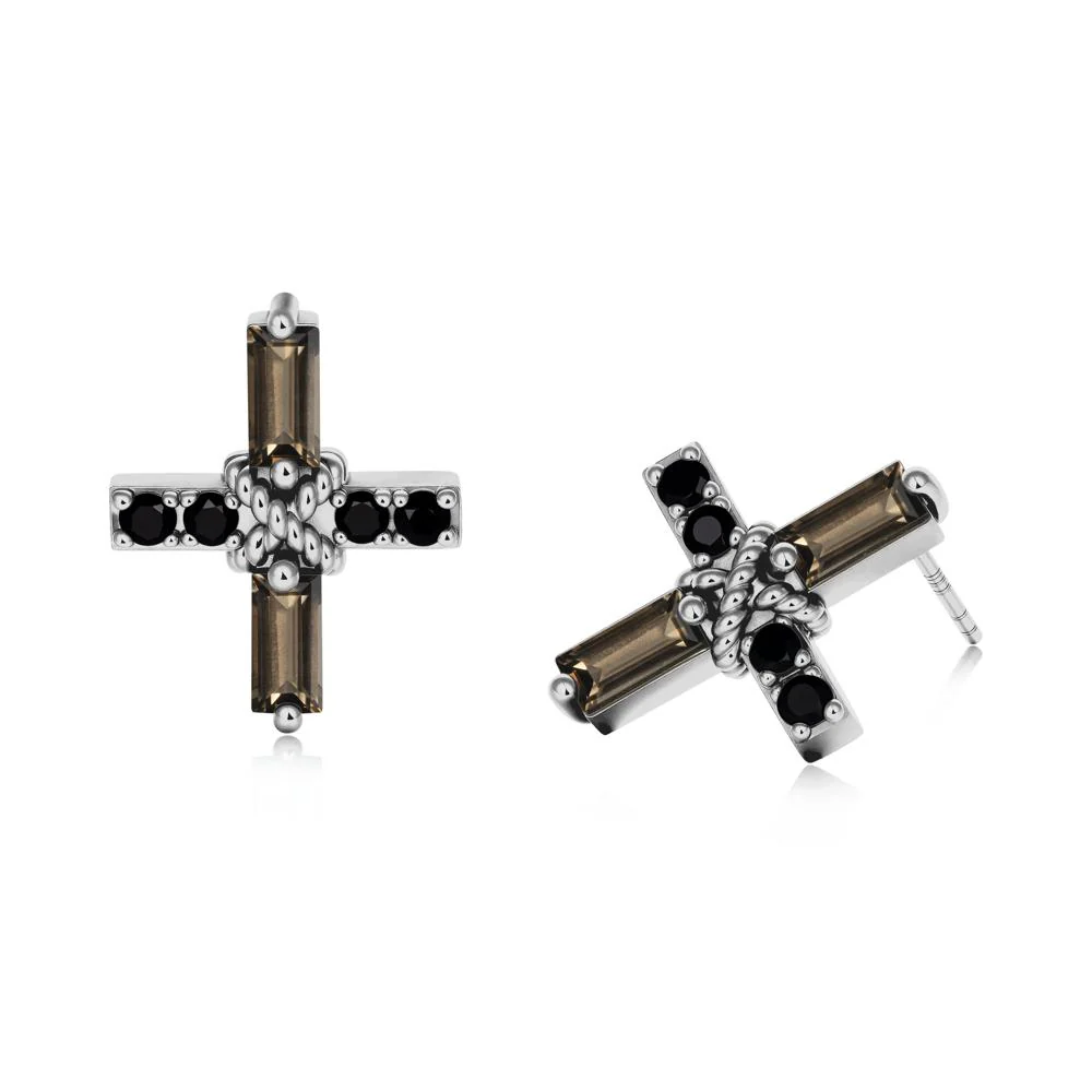 Baguette Smoky Quartz and Black Spinel Green Cross Stud Earrings - Image 2