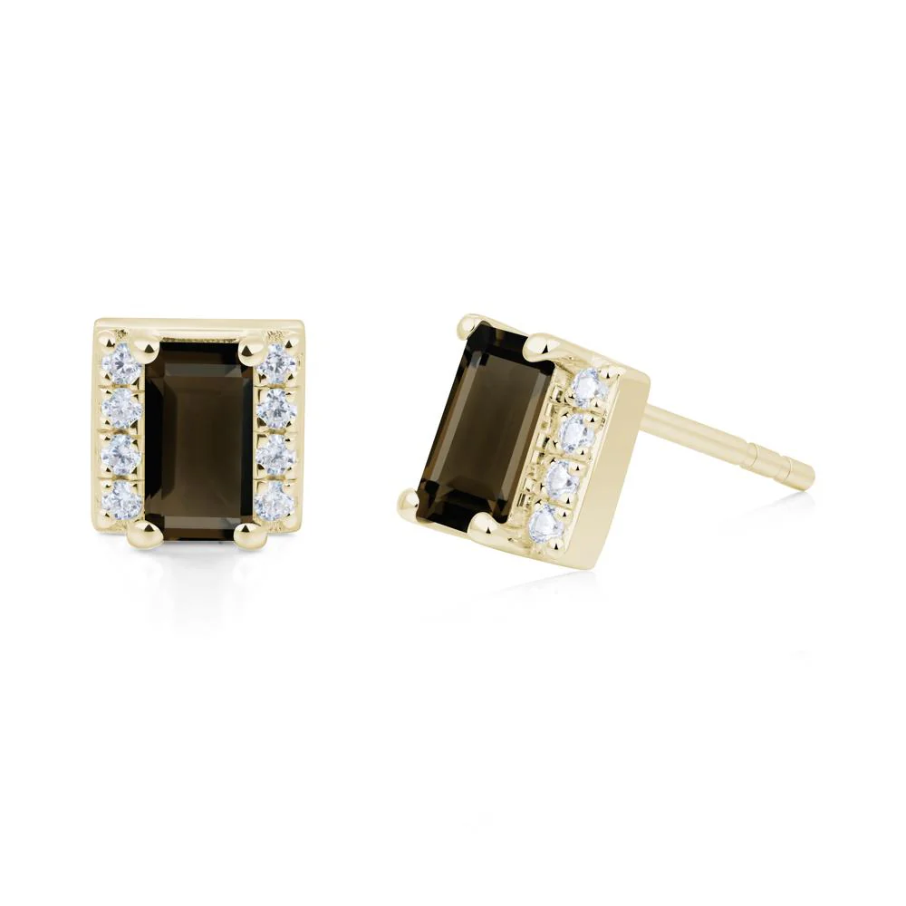 Baguette Smoky Quartz Stud Eaarings with Pave Side Accents