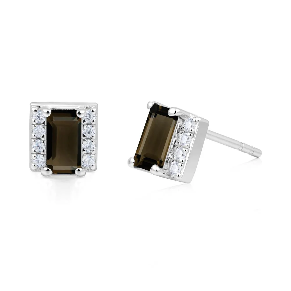 Baguette Smoky Quartz Stud Eaarings with Pave Side Accents - Image 2