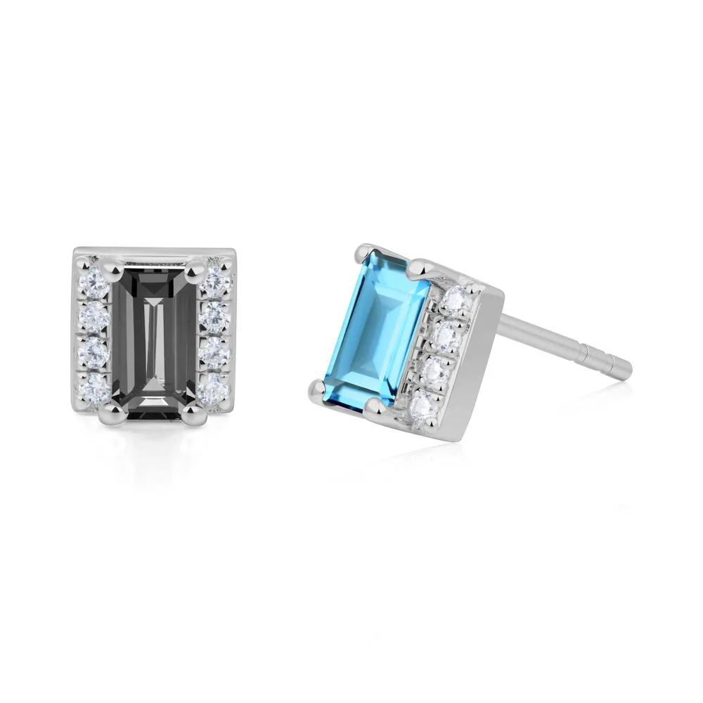 Baguette  Swiss Blue Topaz Halo Stud Earrings - Image 2