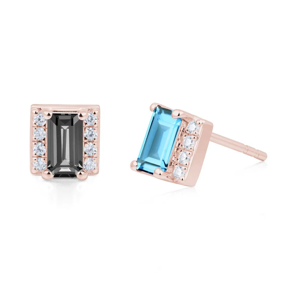 Baguette  Swiss Blue Topaz Halo Stud Earrings - Image 3