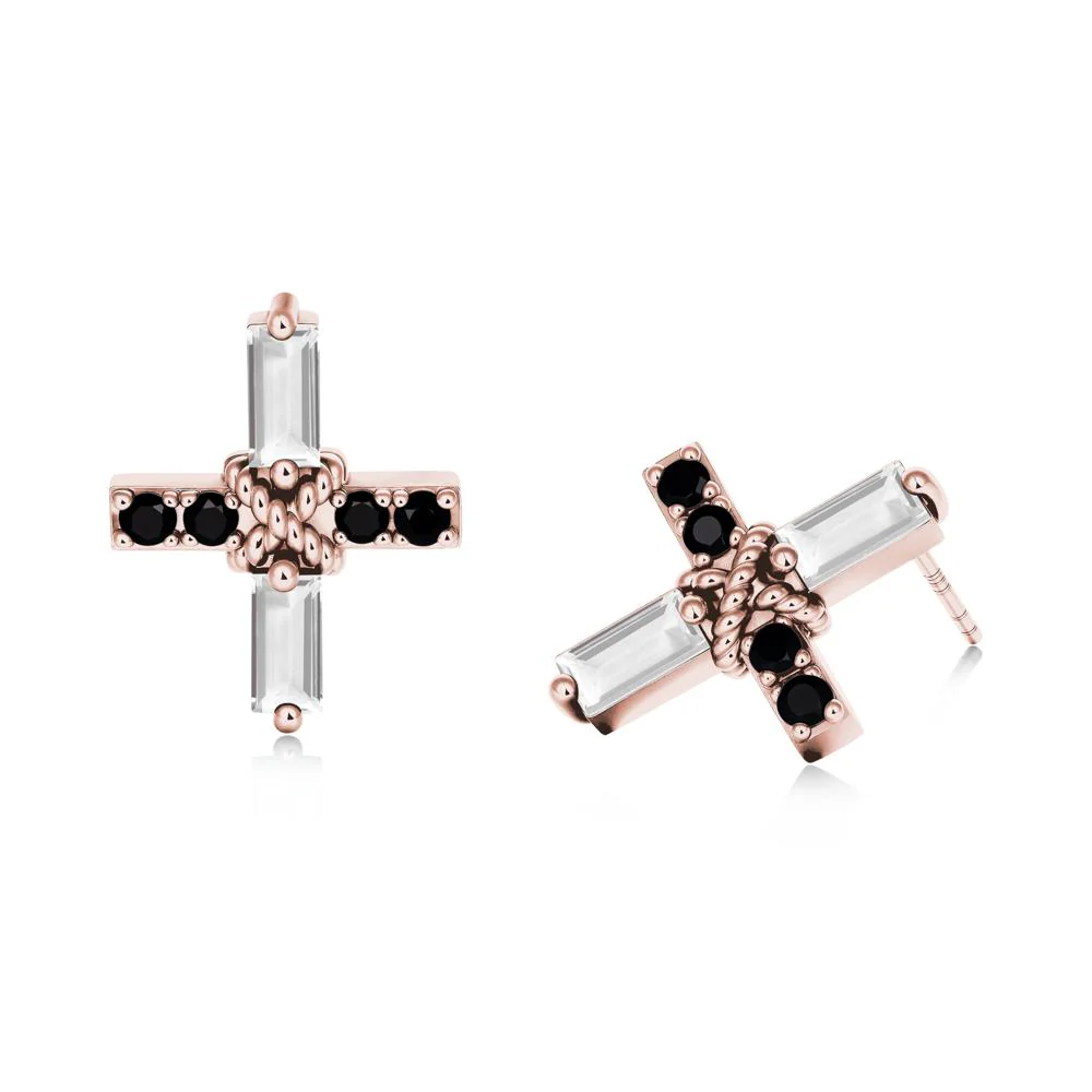 Baguette White Topaz and Black Spinel Green Cross Stud Earrings - Image 2