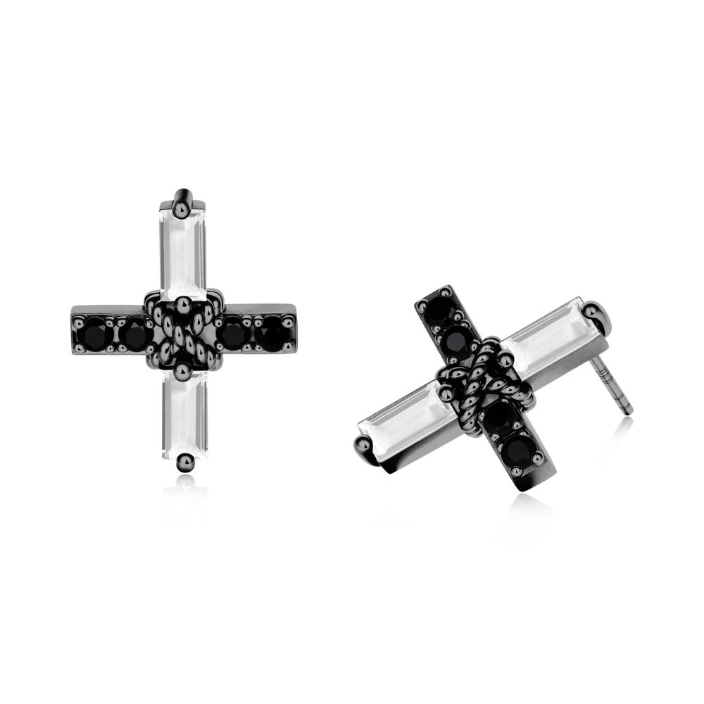 Baguette White Topaz and Black Spinel Green Cross Stud Earrings - Image 3