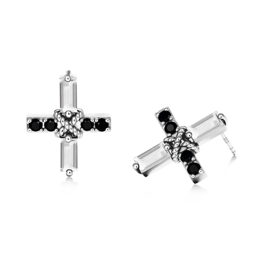 Baguette White Topaz and Black Spinel Green Cross Stud Earrings - Image 4