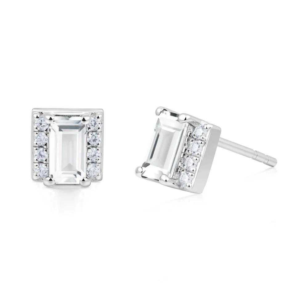Baguette  White Topaz Halo Stud Earrings - Image 3