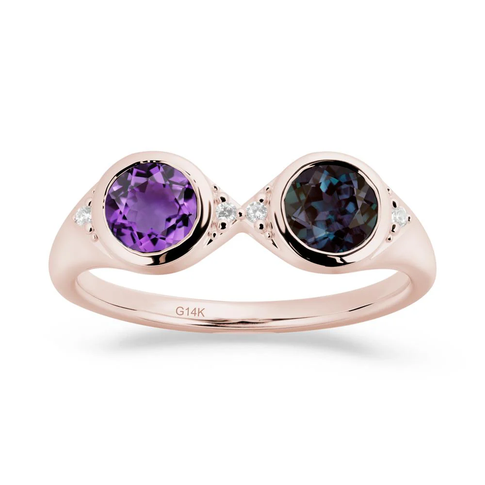 Bezel Alexandrite and Amethyst Two Stone Ring