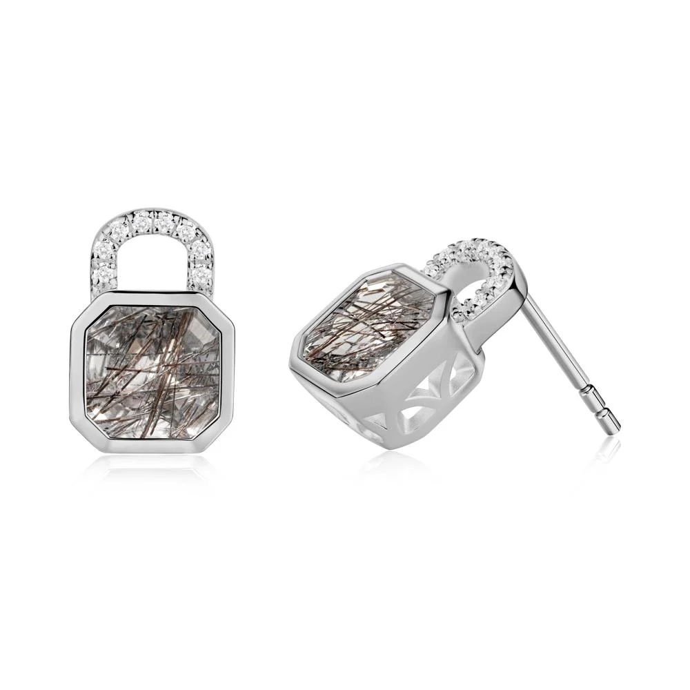Bezel Black Rutilated Quartz Stud Earrings - Image 3