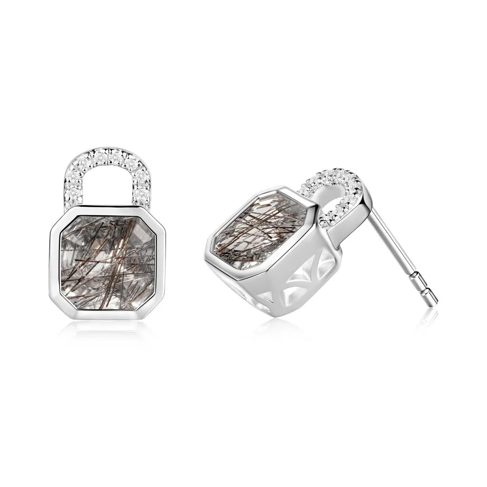 Bezel Black Rutilated Quartz Stud Earrings - Image 5