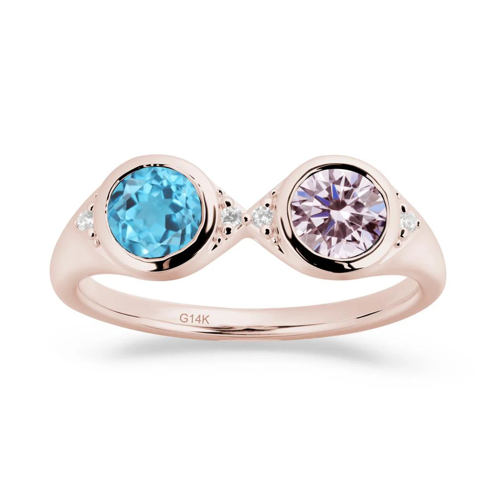 Bezel Pink Cubic Zirconia and Swiss Blue Topaz Two Stone Ring - Image 3