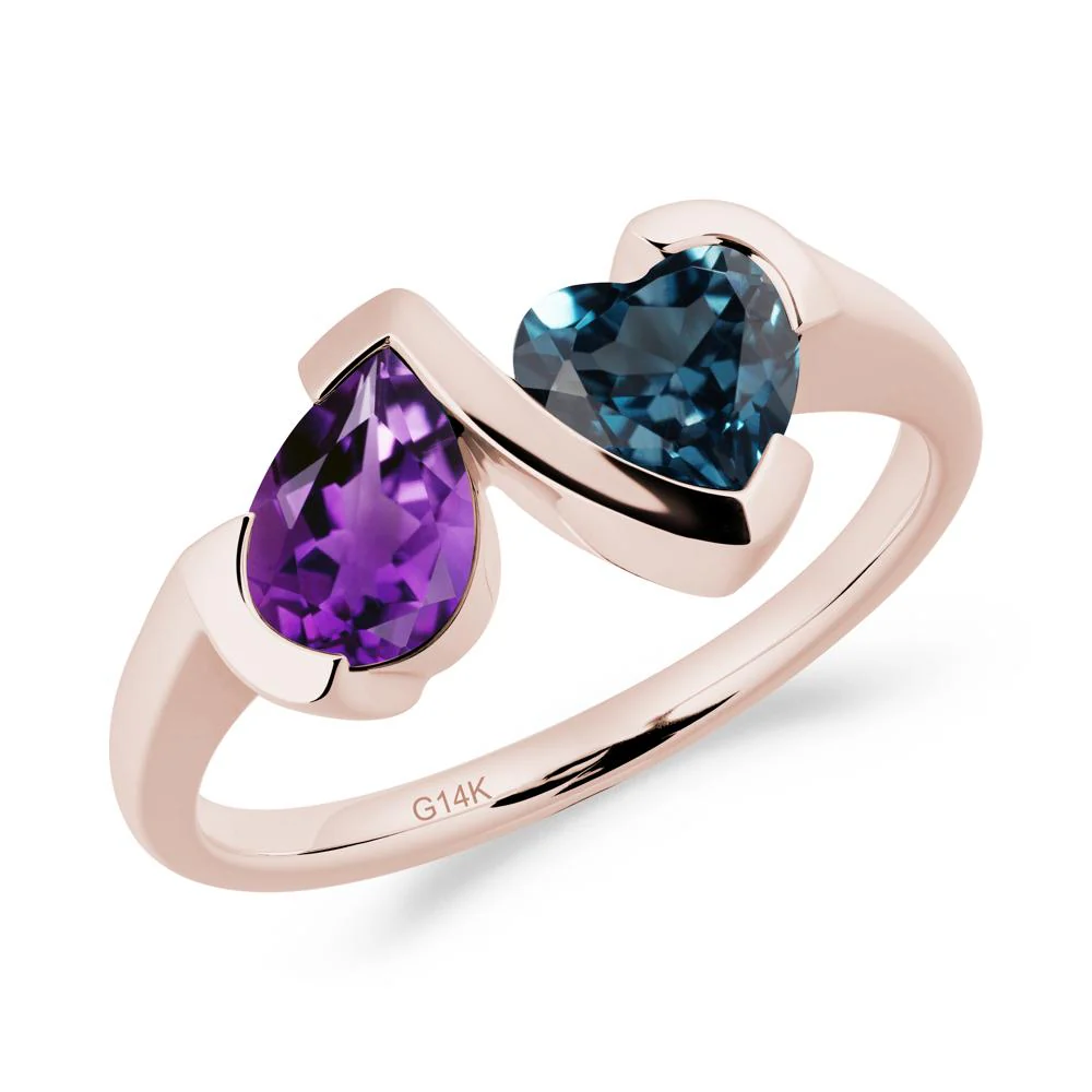 Bezel Set Amethyst and London Blue Topaz Toi Et Moi Ring