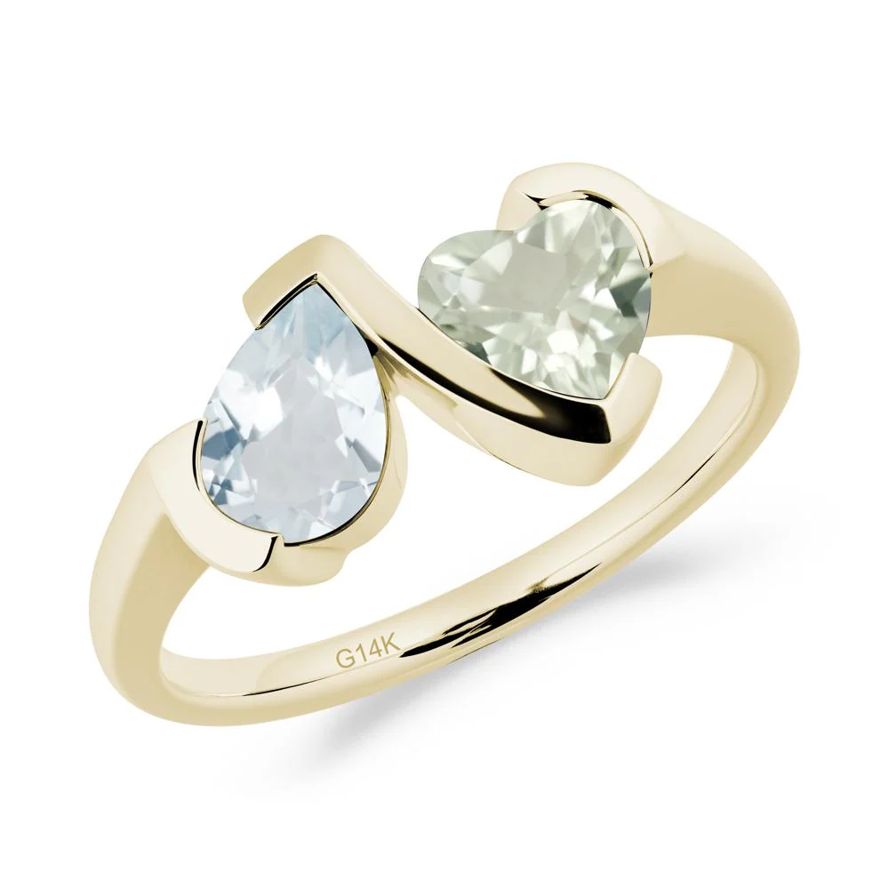 Bezel Set Aquamarine and Green Amethyst Toi Et Moi Ring