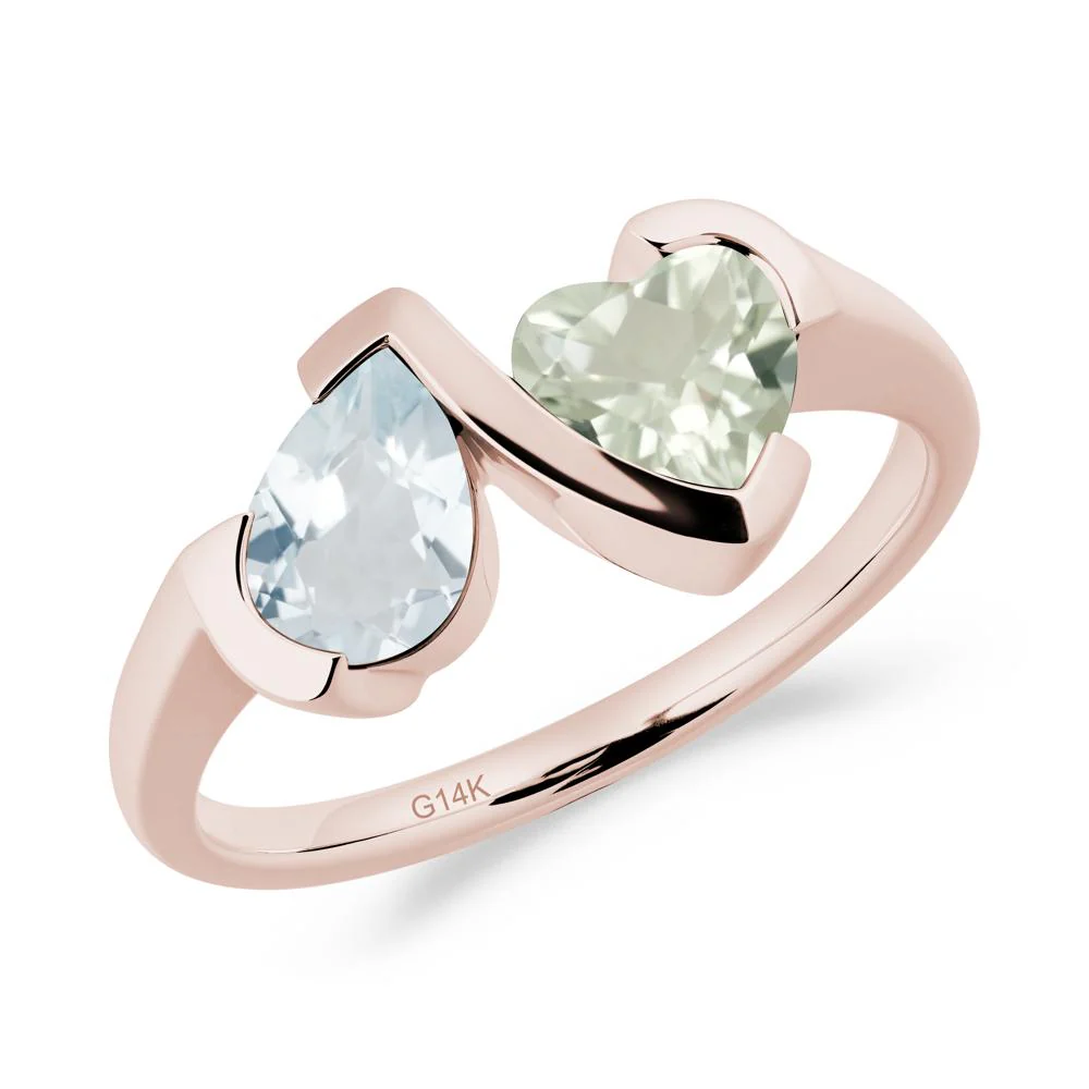 Bezel Set Aquamarine and Green Amethyst Toi Et Moi Ring - Image 4