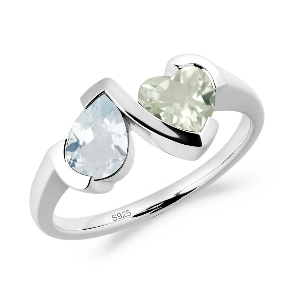 Bezel Set Aquamarine and Green Amethyst Toi Et Moi Ring - Image 5