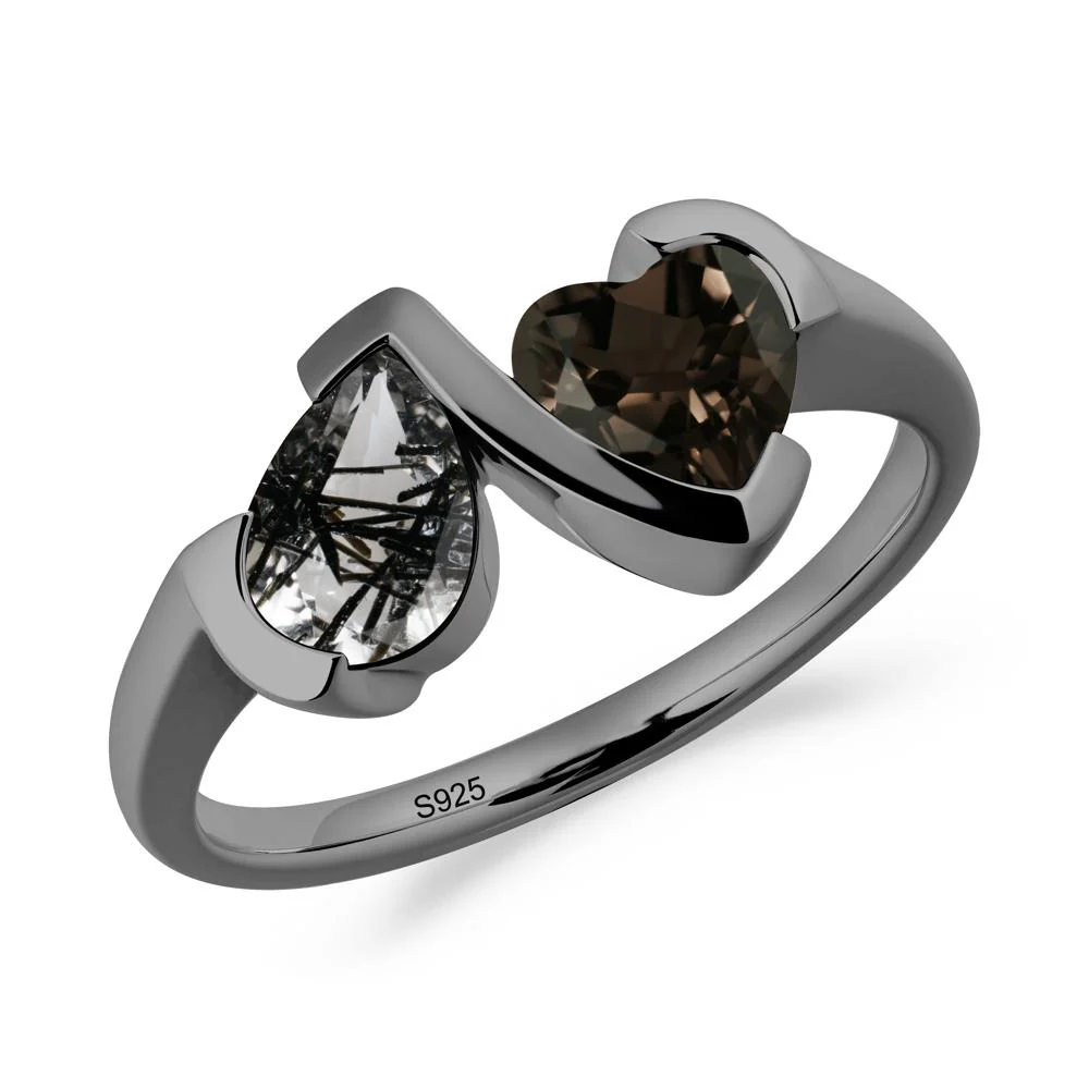 Bezel Set Black Rutilated Quartz and Smoky Quartz Toi Et Moi Ring