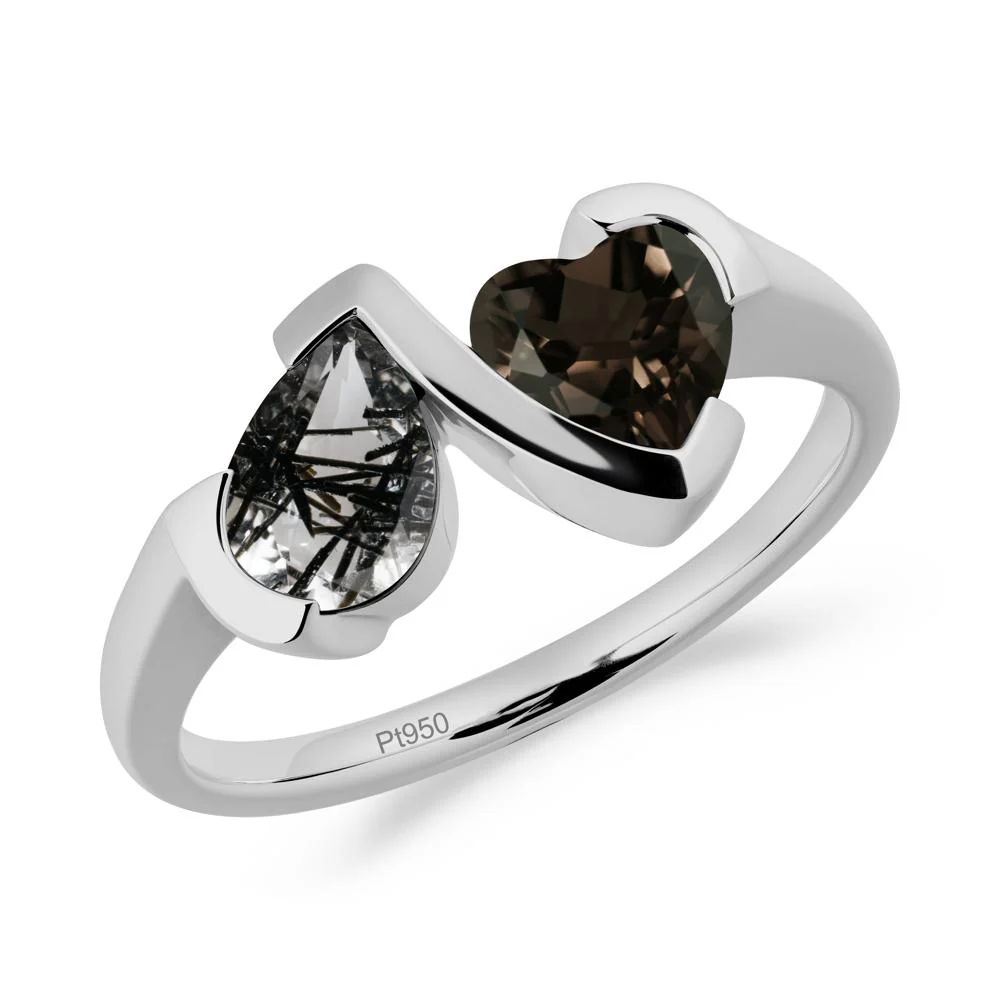 Bezel Set Black Rutilated Quartz and Smoky Quartz Toi Et Moi Ring - Image 2
