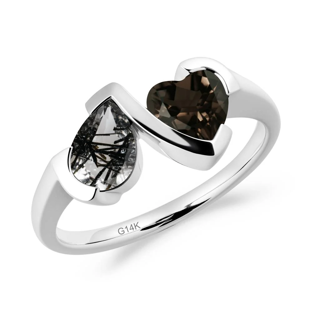 Bezel Set Black Rutilated Quartz and Smoky Quartz Toi Et Moi Ring - Image 3