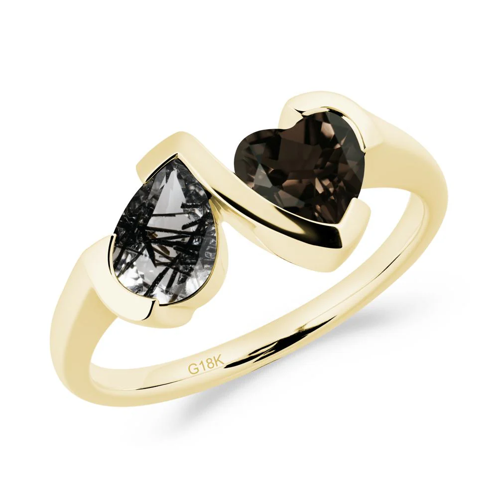 Bezel Set Black Rutilated Quartz and Smoky Quartz Toi Et Moi Ring - Image 5