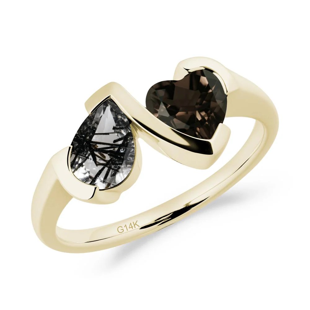 Bezel Set Black Rutilated Quartz and Smoky Quartz Toi Et Moi Ring - Image 7